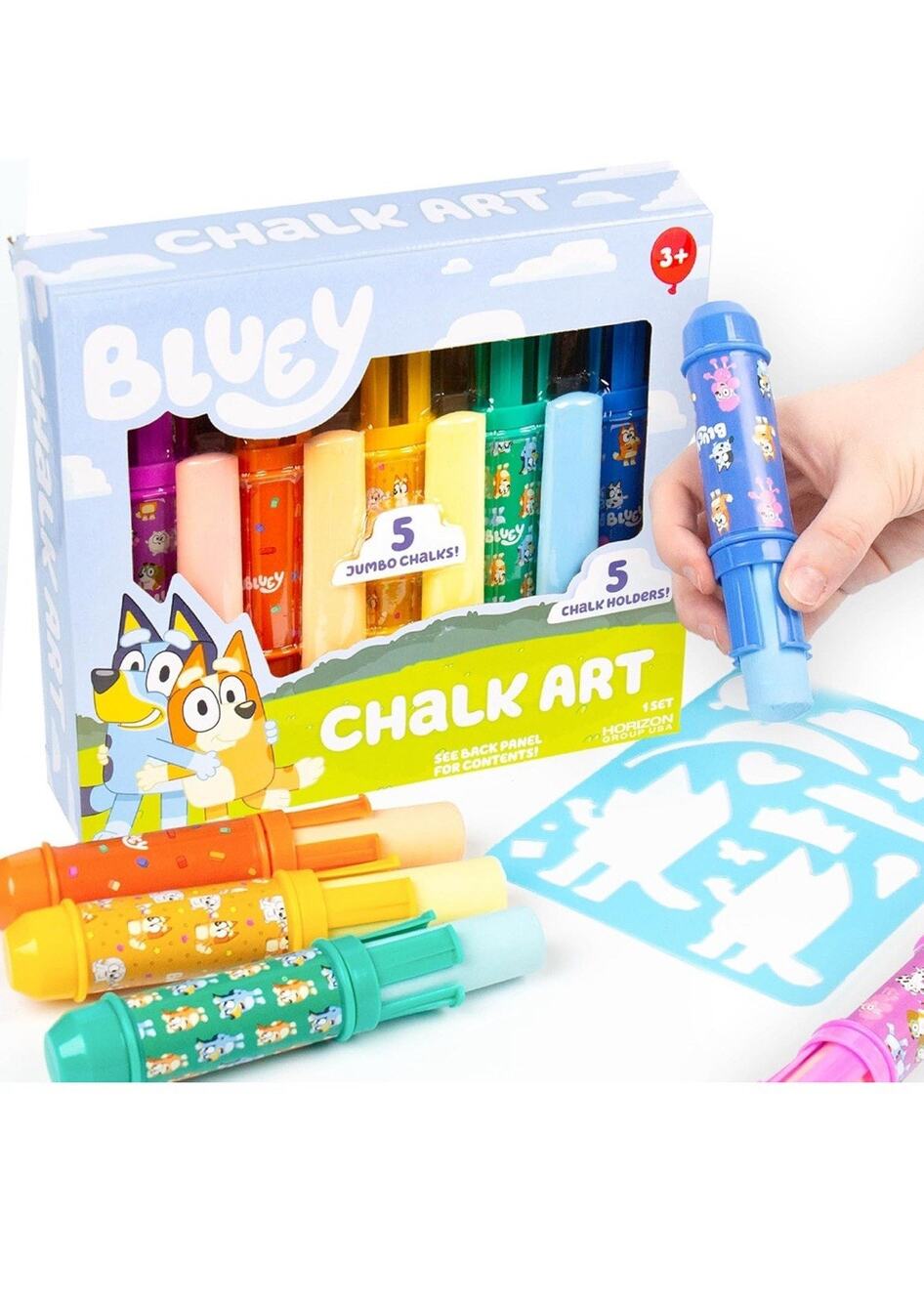 Bluey Jumbo Chalk Set 5 Holders & 5 Jumbo Chalk Sticks With Stencil - NEW IN BOX